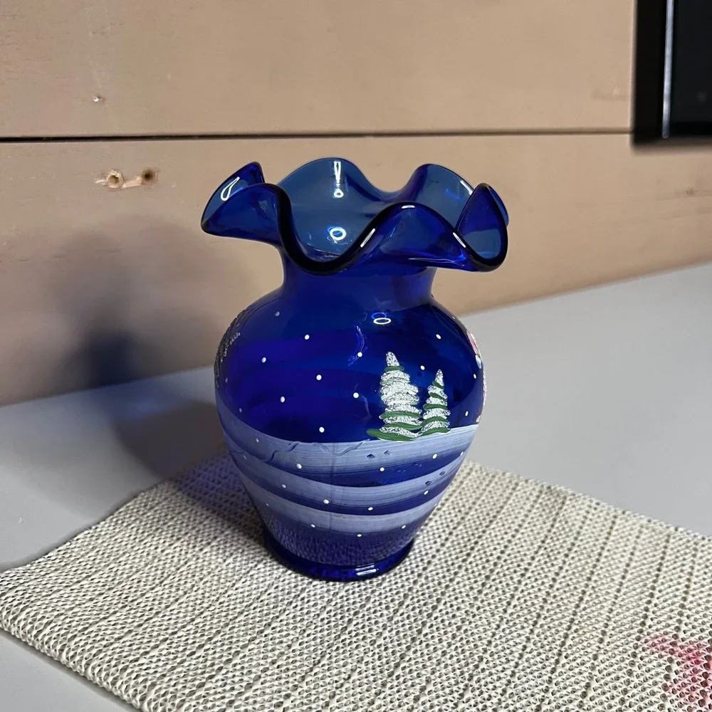 Fenton Cobalt Blue Glass Ruffled Vase Hand Painted Artist Signed C‎ A Hall